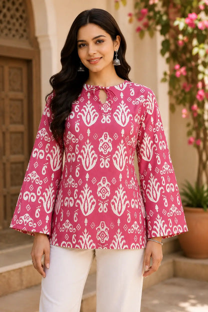 RABRIC pink printed bell sleeve women’s top with white ethnic pattern and round neckline