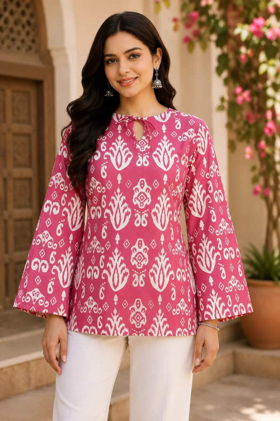 RABRIC pink printed bell sleeve women’s top with white ethnic pattern and round neckline