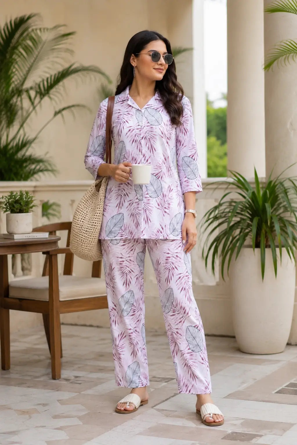 Rabric women pink rayon lounge co-ord set styled outdoors with tropical leaf print, casual summer fashion outfit for women