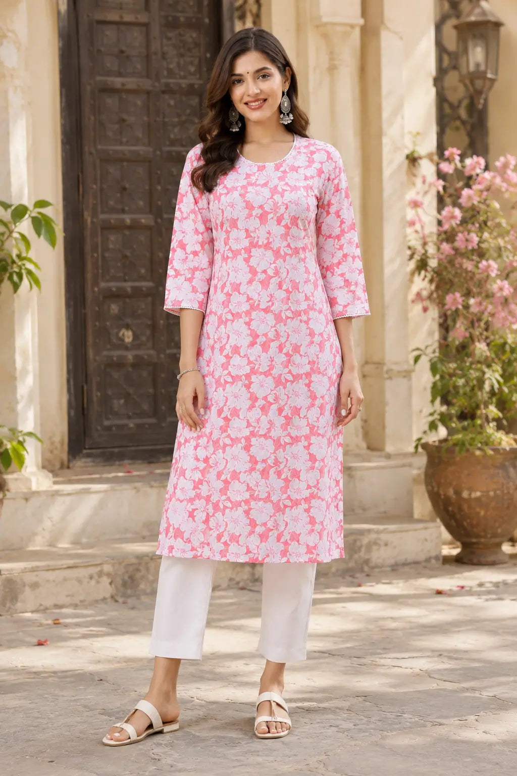 Rabric pink and white floral cotton kurti for women front view with 3/4 sleeves and stylish round neck casual ethnic wear