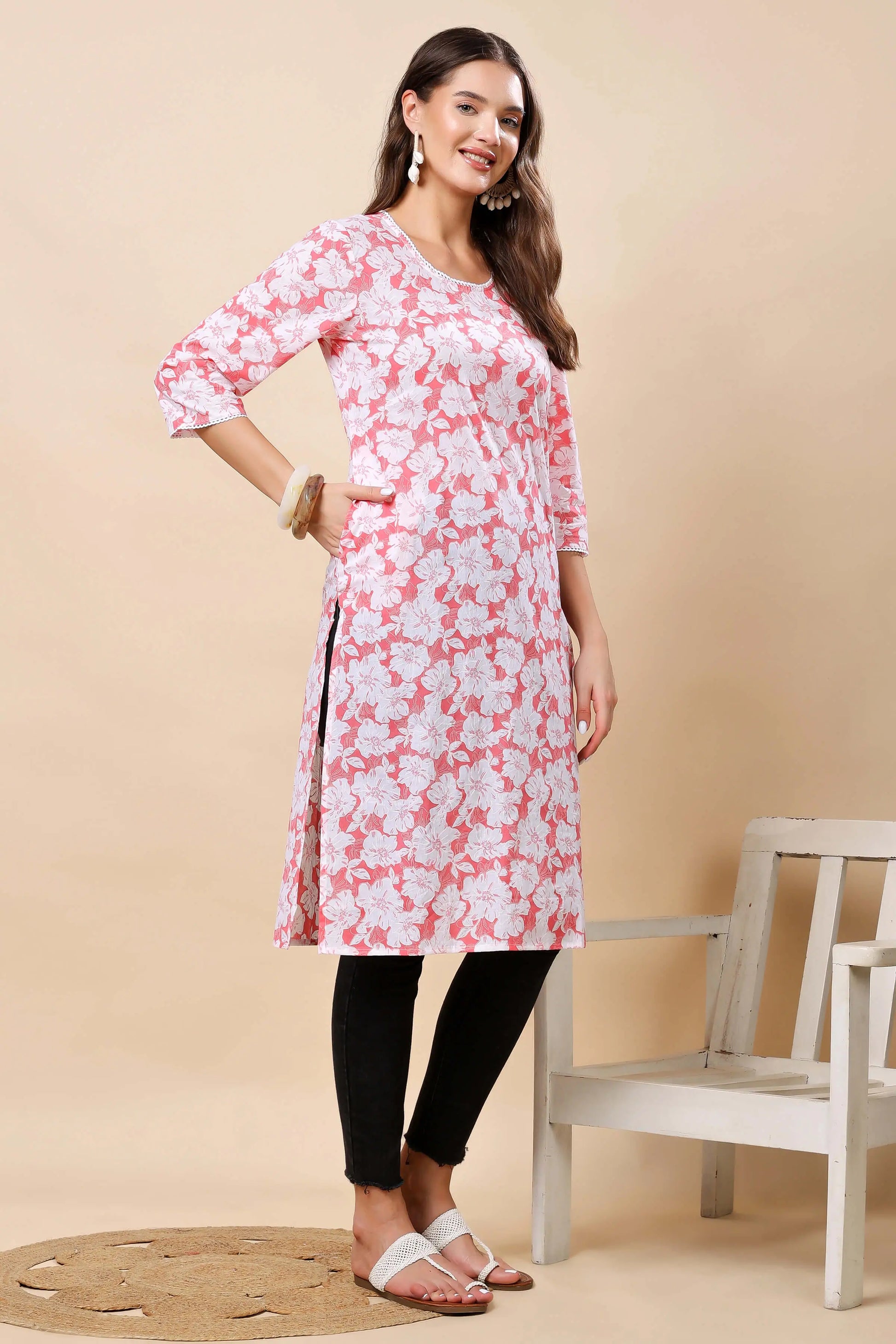 Rabric Pink & White Floral Kurti with Lace Detailing – Side View