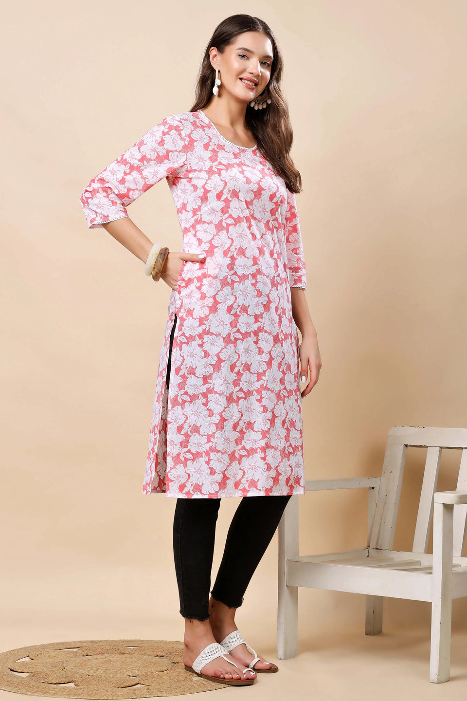 Rabric Pink & White Floral Kurti with Lace Detailing – Side View