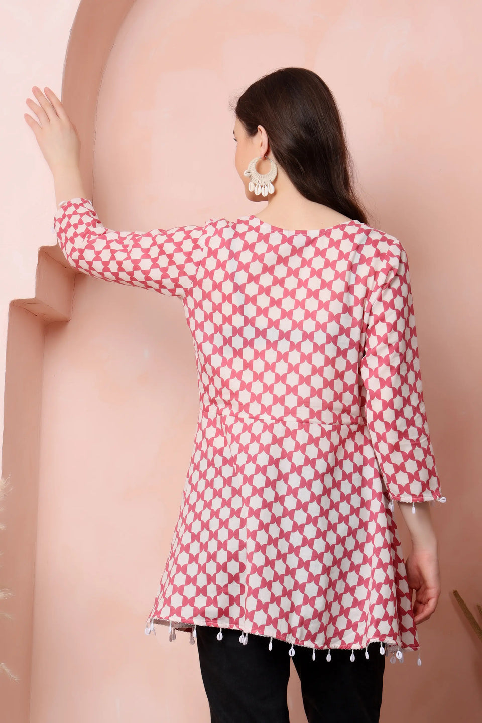 RABRIC pink and white pure cotton short kurti for women back view showing geometric print and flared silhouette