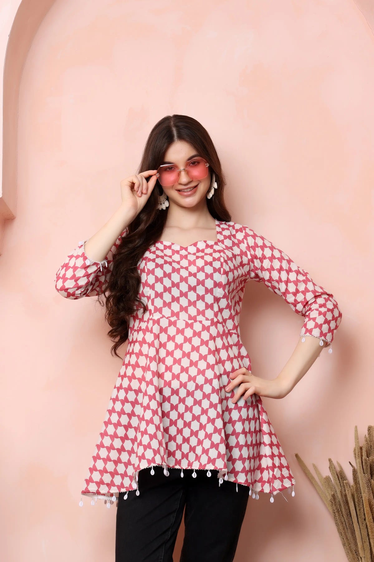RABRIC pink and white pure cotton short kurti styled for a comfortable casual everyday look