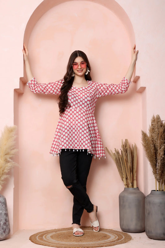 RABRIC pink and white pure cotton printed short kurti for women front view with flared fit