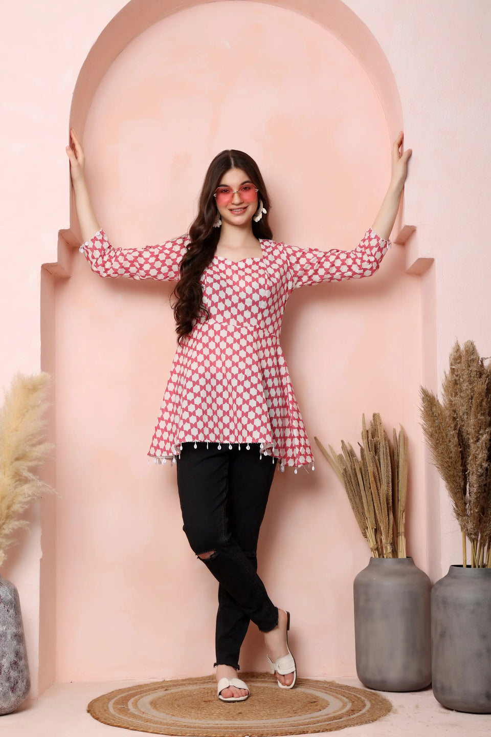 RABRIC pink and white pure cotton printed short kurti for women front view with flared fit