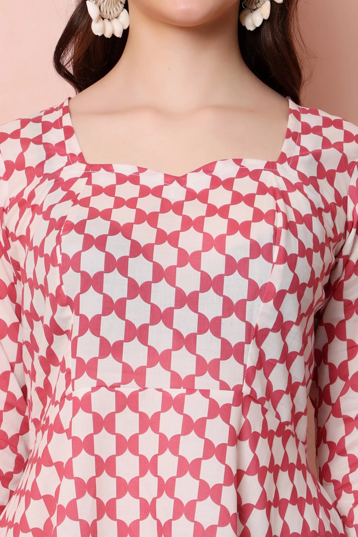 RABRIC pink and white pure cotton printed short kurti close-up showing shaped square neckline