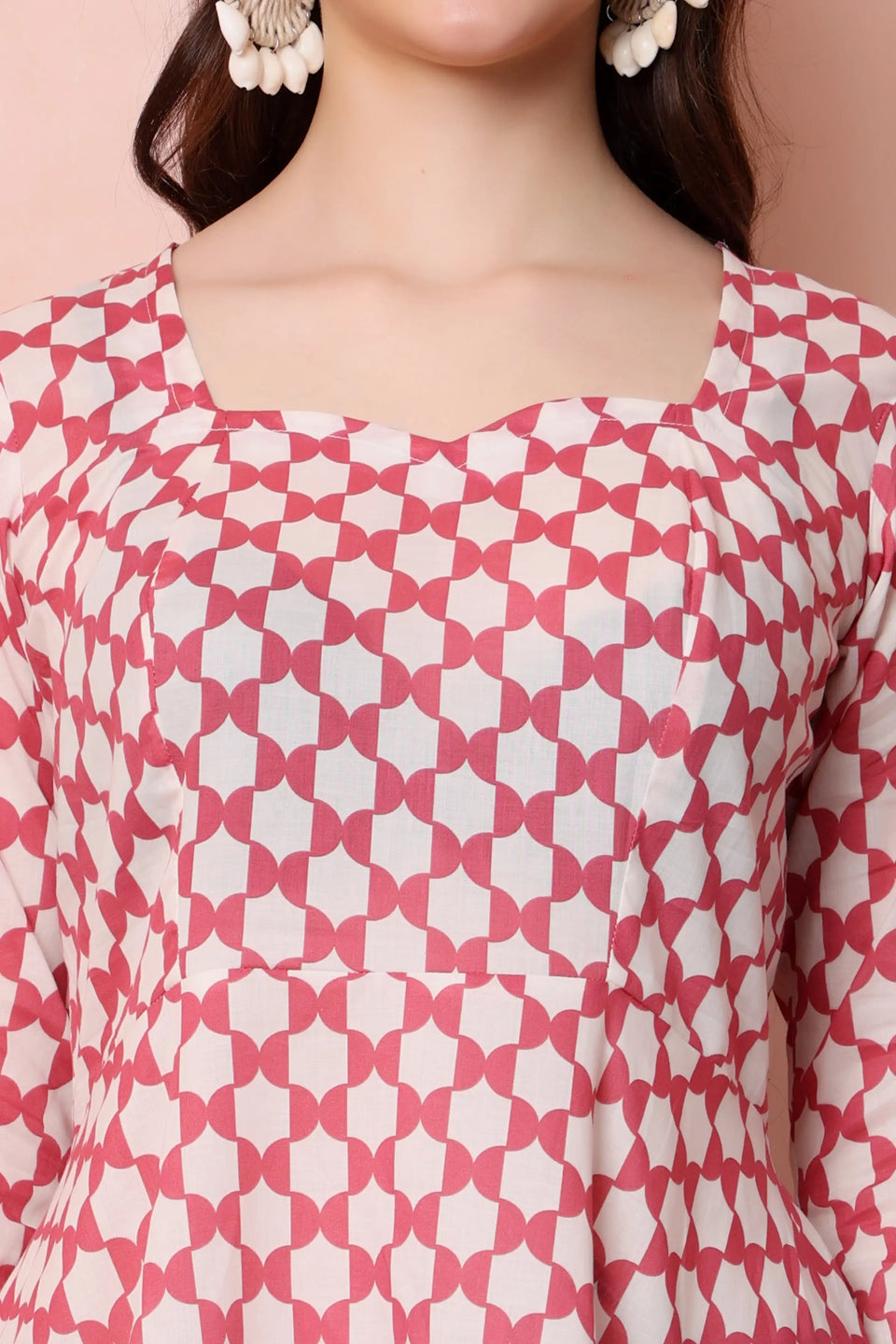 RABRIC pink and white pure cotton printed short kurti close-up showing shaped square neckline