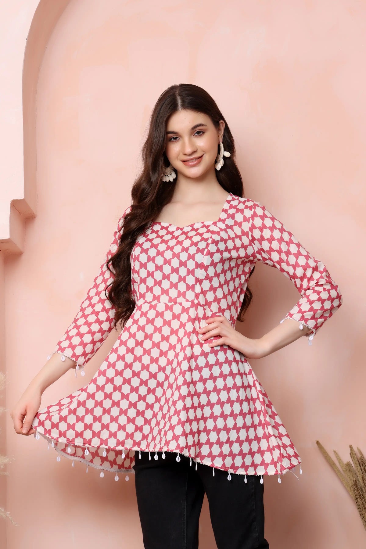 RABRIC pink and white pure cotton printed short kurti for women side view with flattering flared fit