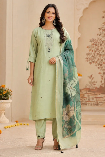 Rabric pista green cotton kurta pant set with dupatta for women front view featuring embroidered neck design and 3/4 designer sleeves