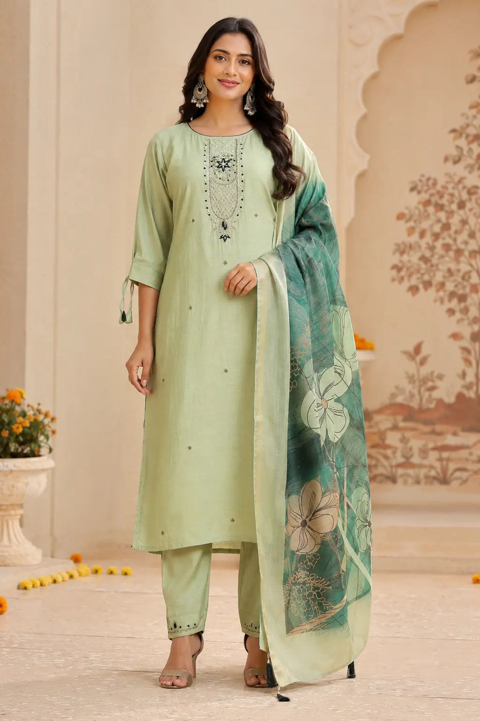 Rabric pista green cotton kurta pant set with dupatta for women front view featuring embroidered neck design and 3/4 designer sleeves