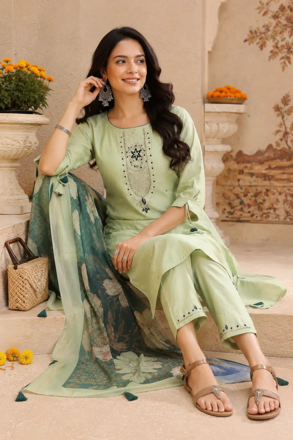 Rabric pista green cotton kurta pant set with printed dupatta shown in casual sitting pose with ethnic accessories