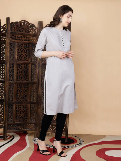 Flatlay of premium poplin cotton long kurti in grey by Rabric