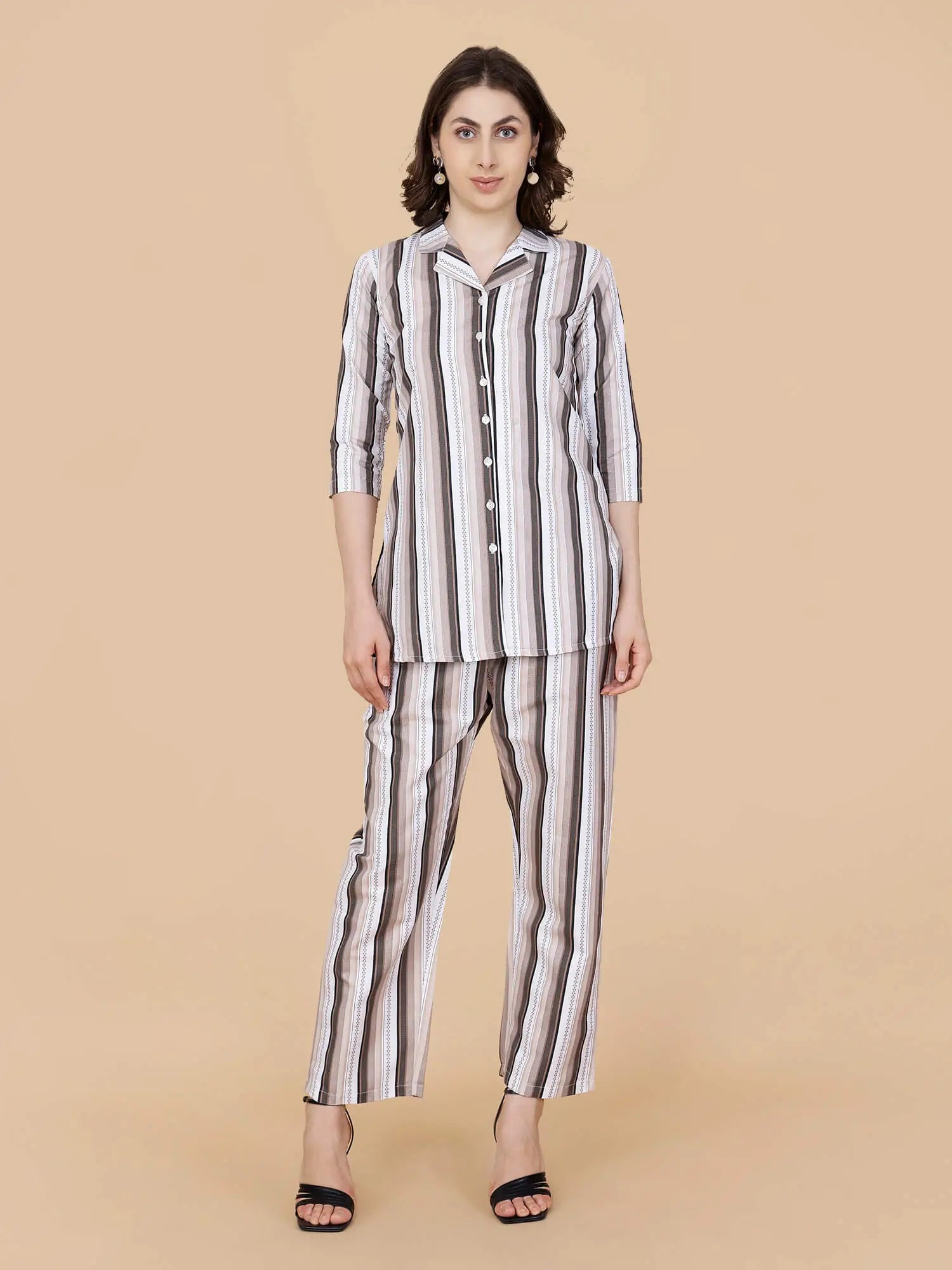 Premium beige striped cotton co-ord set for women by Rabric – front view