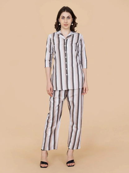 Premium beige striped cotton co-ord set for women by Rabric – front view