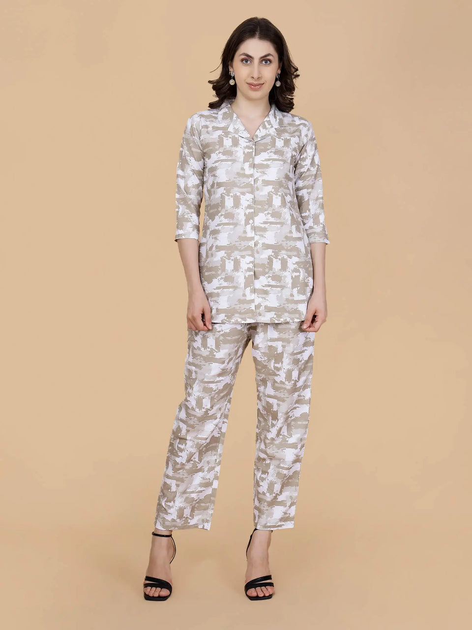 Premium Beige & White Glace Cotton Co-ord Set for Women by Rabric