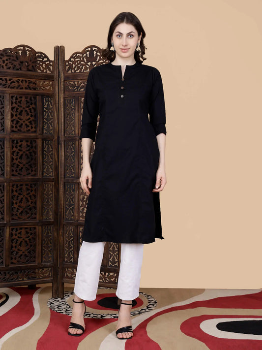 Front view of Rabric Premium Black Cotton Long Kurti for Women