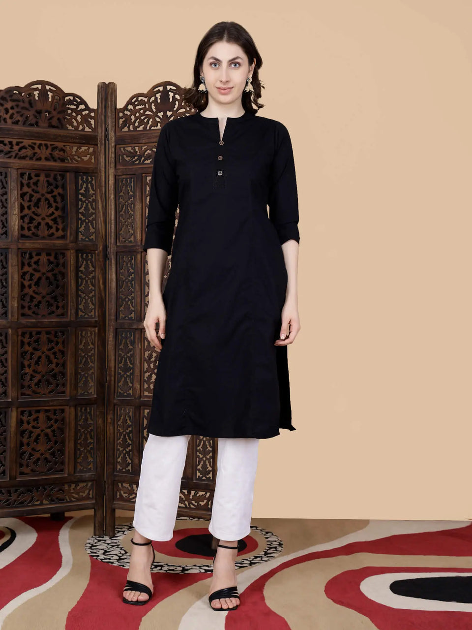 Front view of Rabric Premium Black Cotton Long Kurti for Women