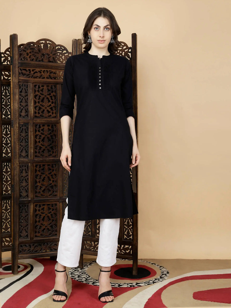 Rabric Premium Black Cotton Long Kurti for Women – Front View