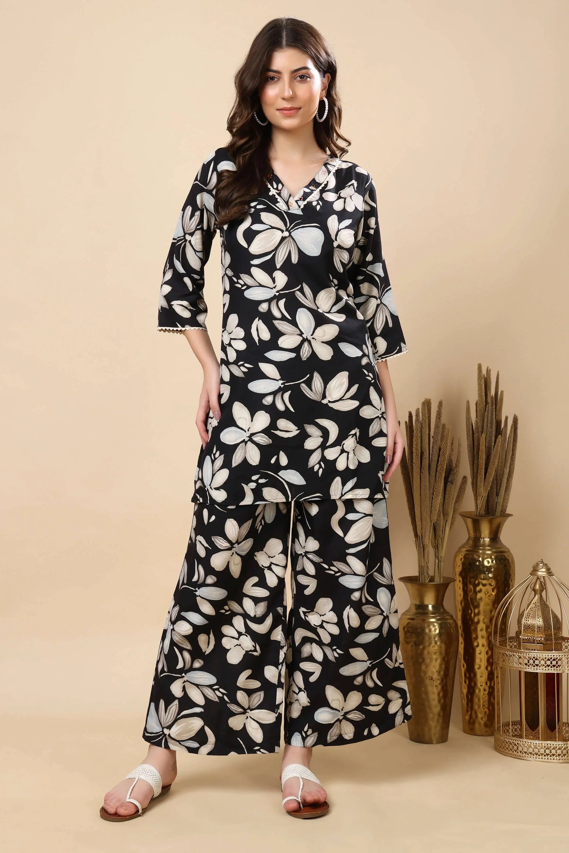 Rabric Premium Black Floral Cotton Slub Co-ord Set for Women