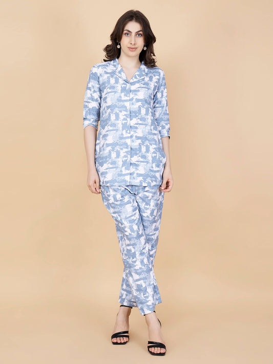 Rabric Premium Blue Abstract Print Glace Cotton Co-ord Set for Women