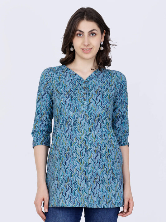 Rabric Premium Blue Cotton Short Kurti for Women Front View