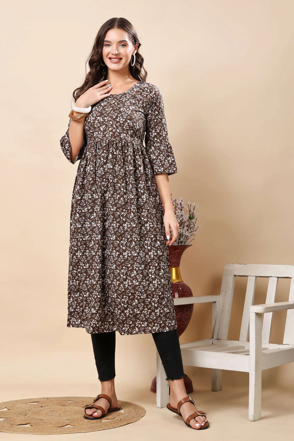 Rabric Premium Brown Floral Long Kurti for Women – Front View