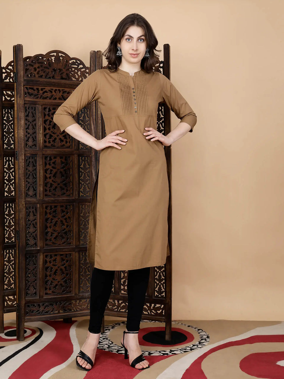 Front view of Rabric premium brown cotton long kurti with pintuck design