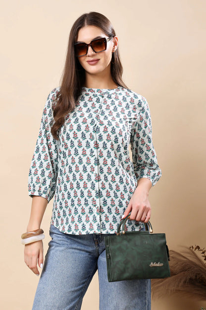 Casual styling of Rabric Women’s Premium Floral Button Short Top