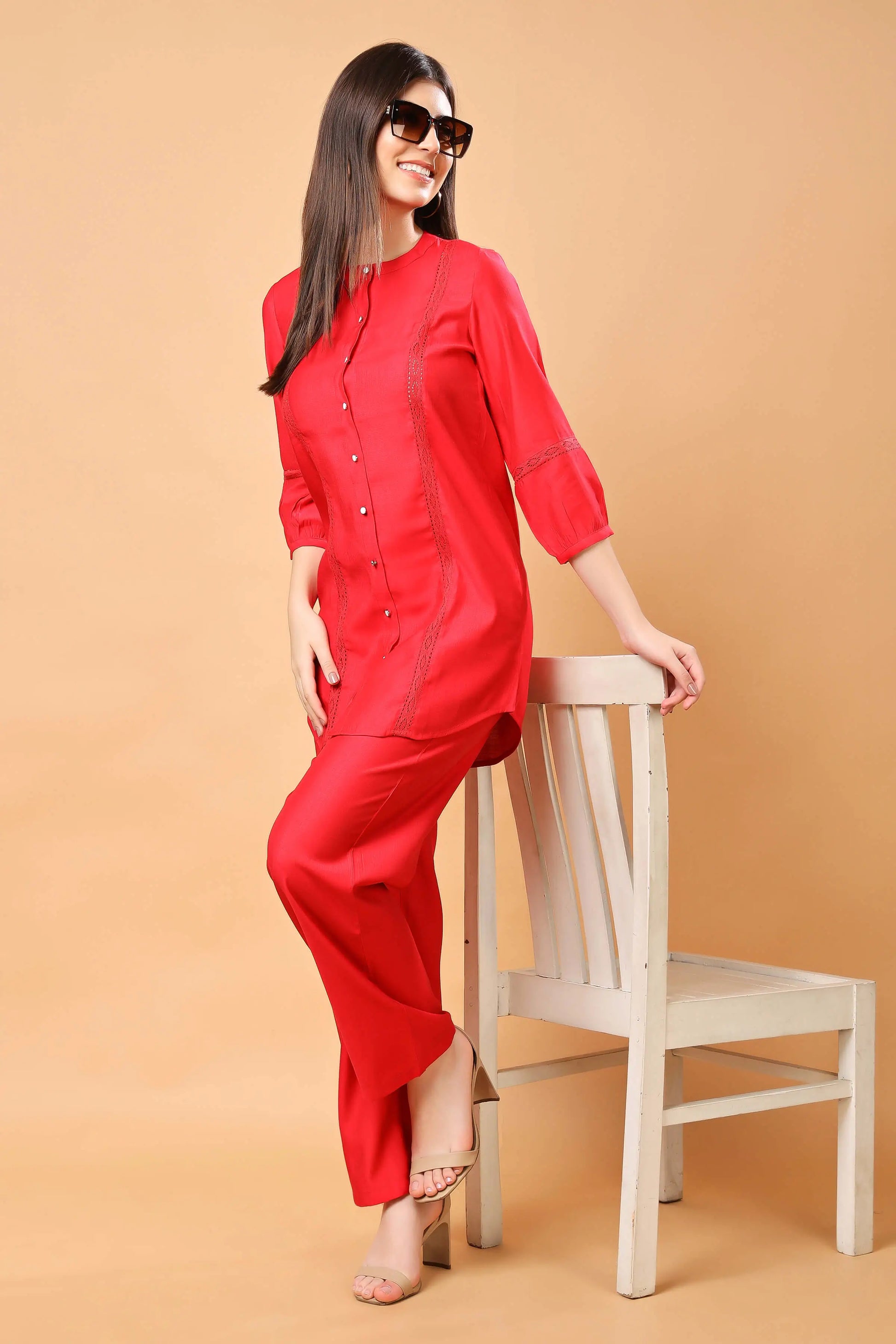 Full outfit look of Rabric women’s red co-ord set