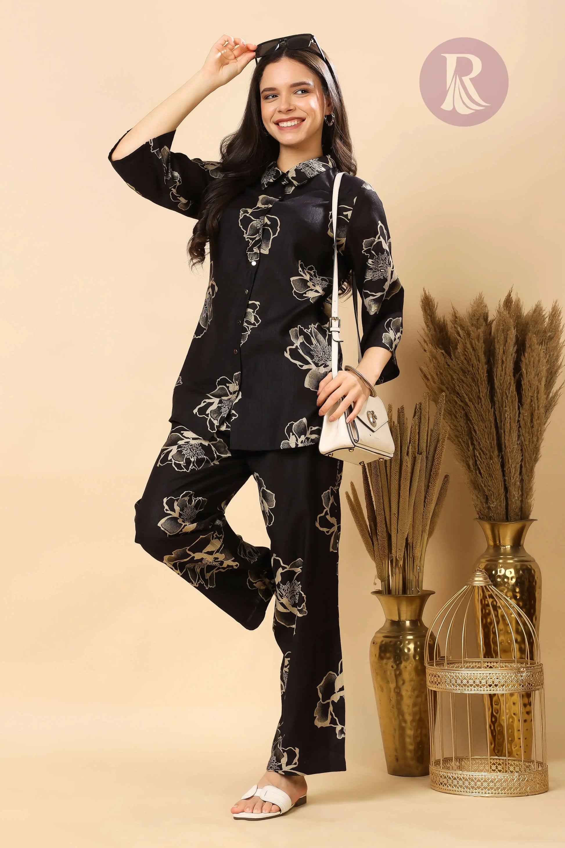 Model Wearing Rabric Black Floral Printed Co-ord Set with Beige Flowers