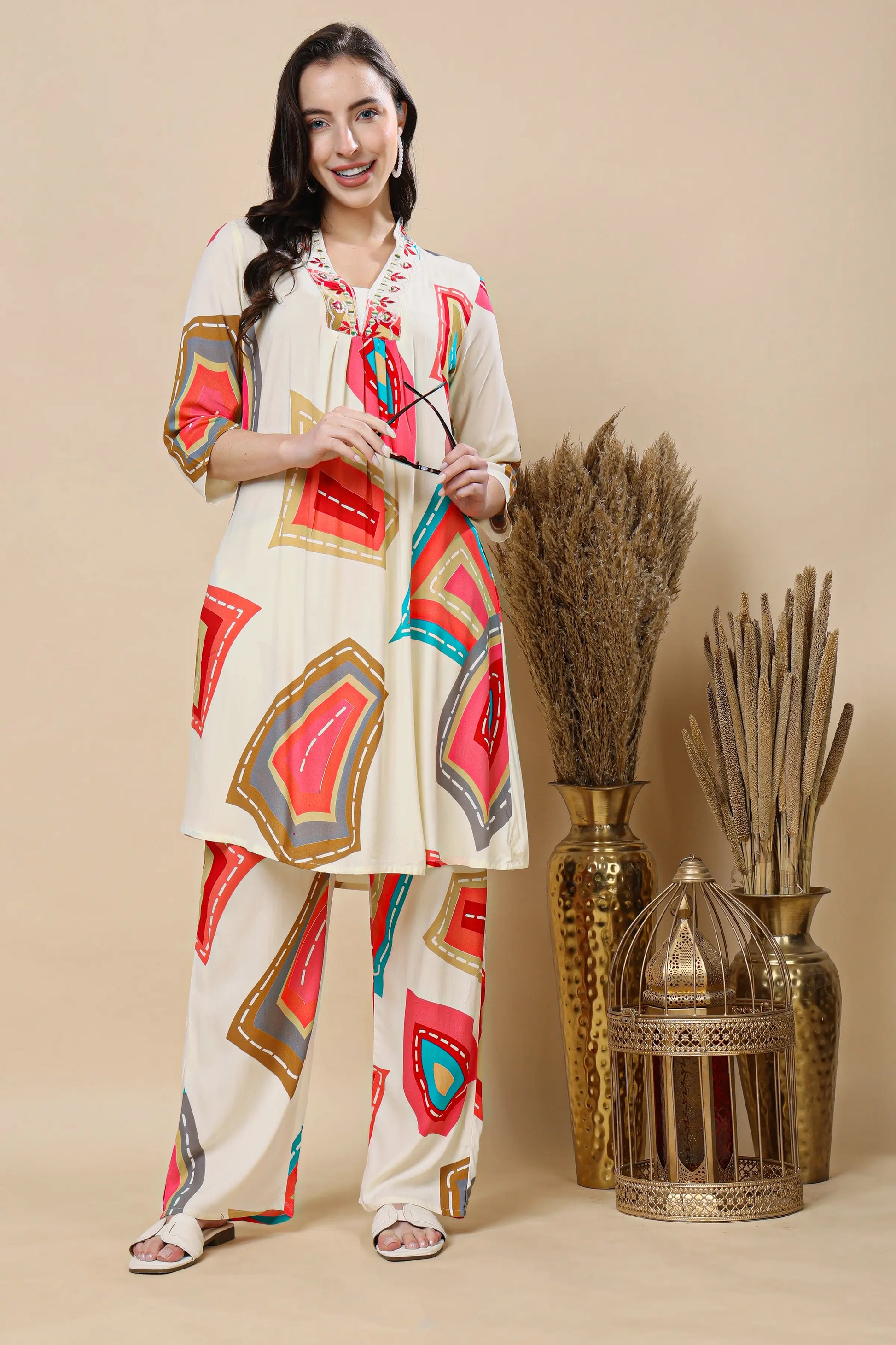 Rabric premium cotton embroidered co-ord set for women with long kurti and pants in geometric print