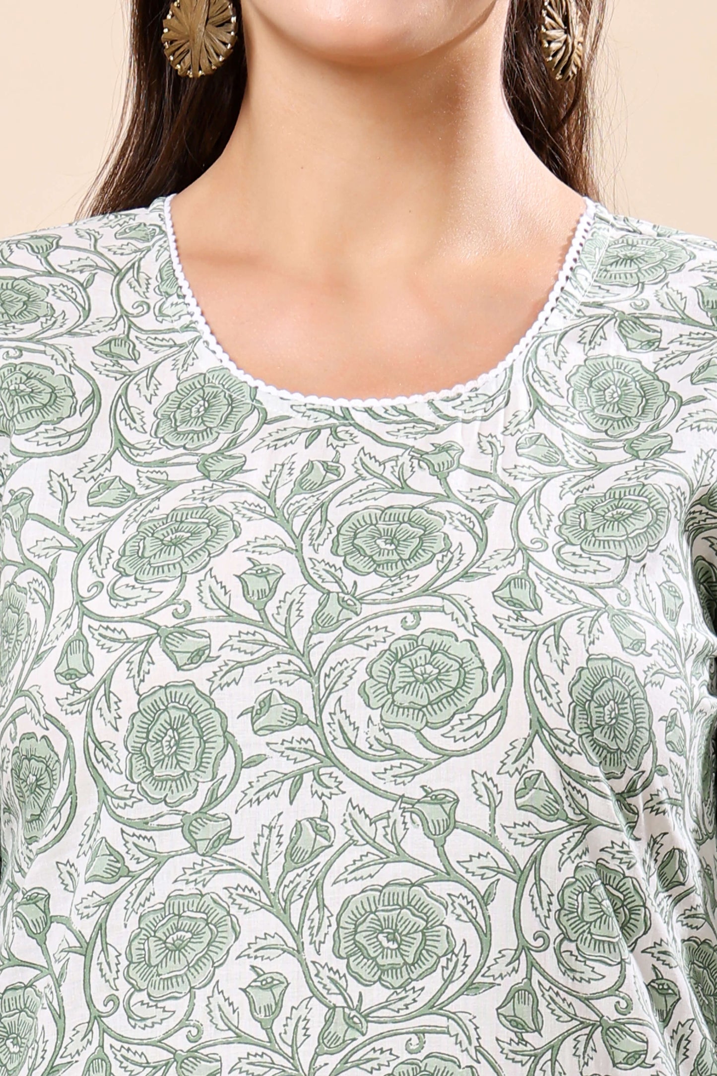 Close-up of premium cotton fabric with green floral print