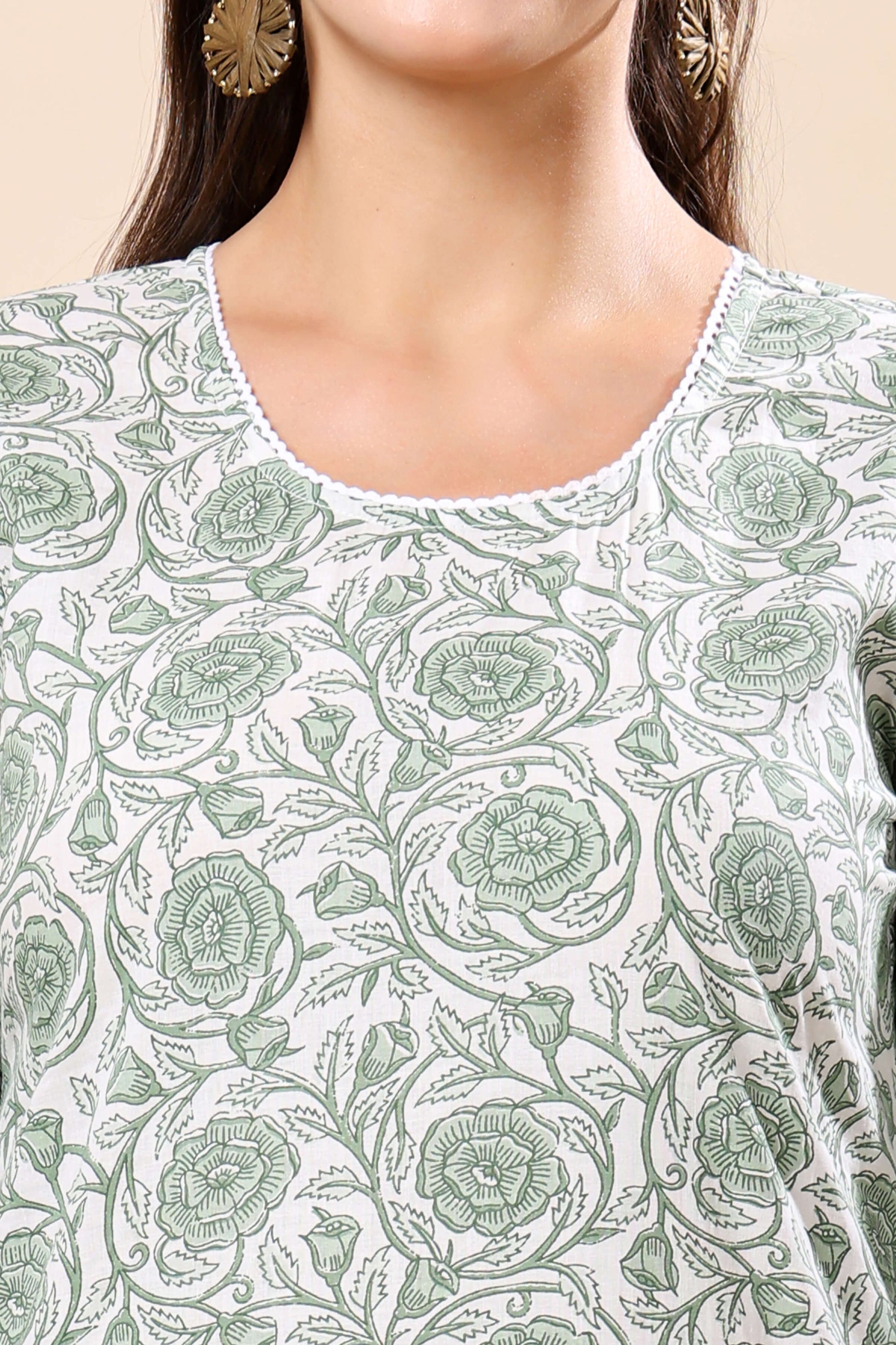 Close-up of premium cotton fabric with green floral print