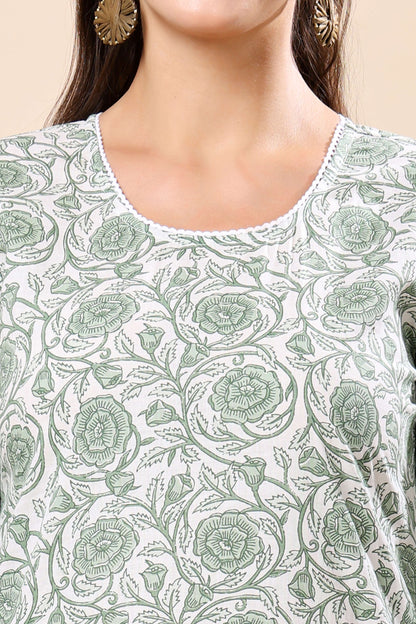 Close-up of premium cotton fabric with green floral print