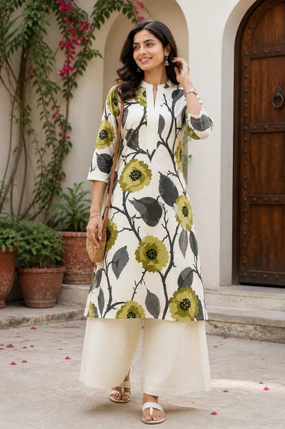 Full look of women’s stylish floral kurta pant set with bell bottom pants by Rabric
