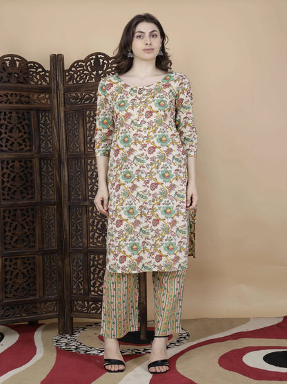 Rabric Premium Cotton Floral Kurti with Striped Pants for Women – Front View