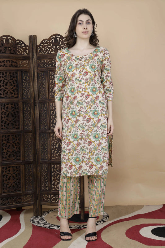 Rabric Premium Cotton Floral Kurti with Striped Pants for Women – Front View
