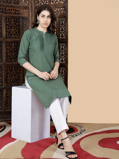 Model wearing Rabric Premium Olive Green Long Kurti for women