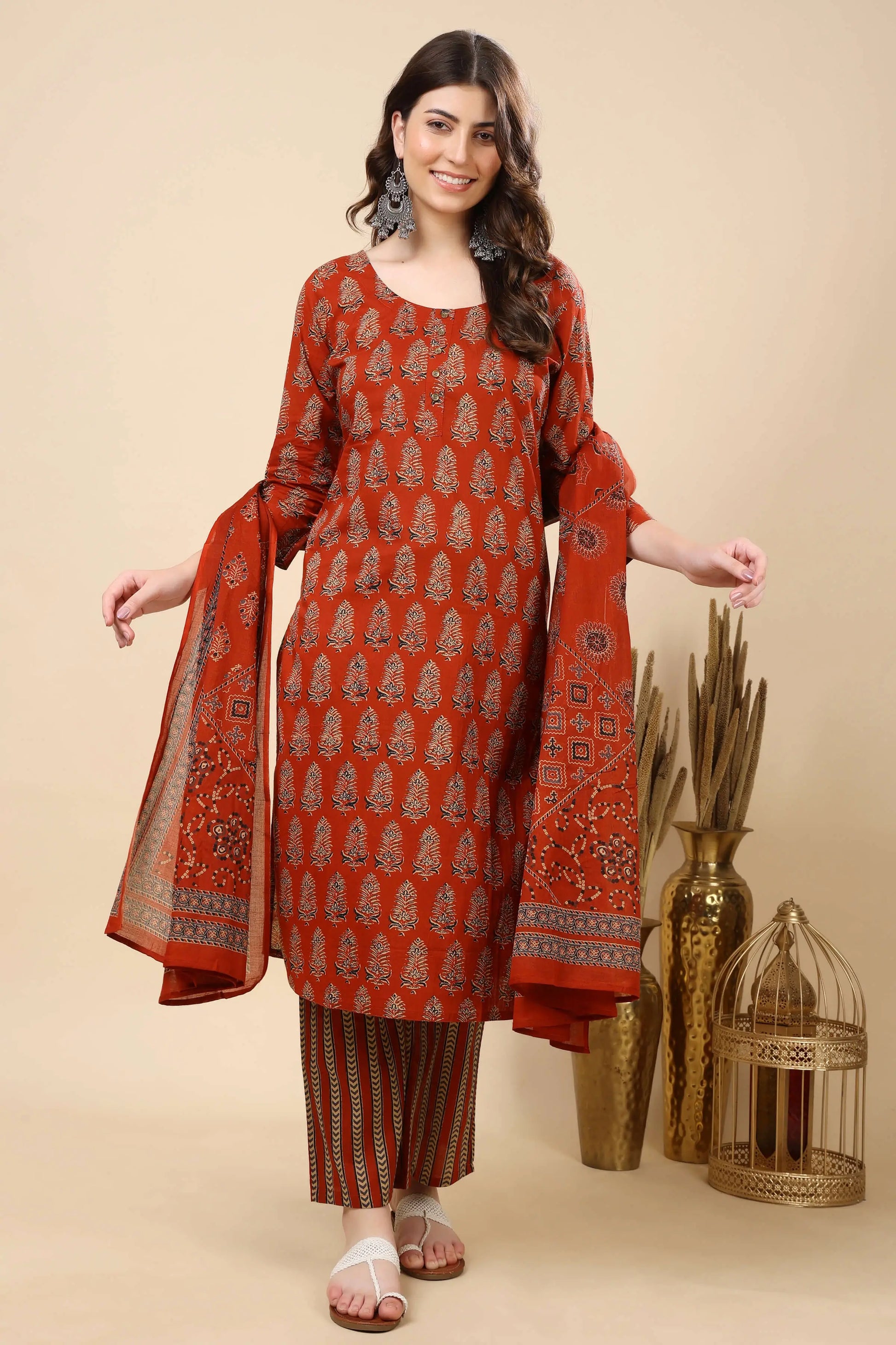 Rabric Premium Cotton Kurti Set in Rust Red – Front View