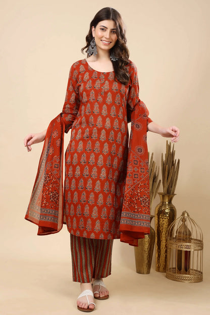 Rabric Premium Cotton Kurti Set in Rust Red – Front View