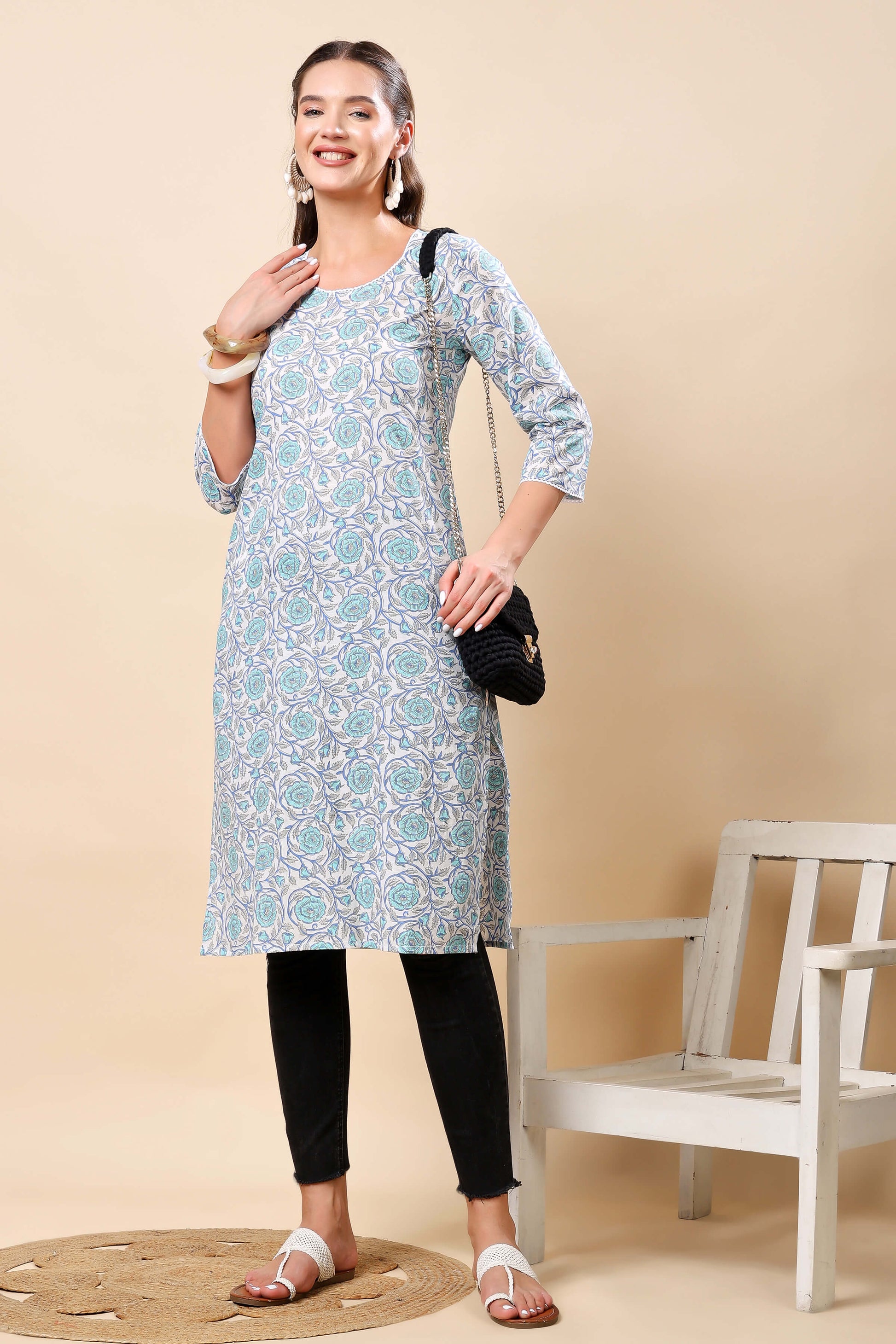 Flatlay Display – Rabric Floral Printed Long Cotton Kurti