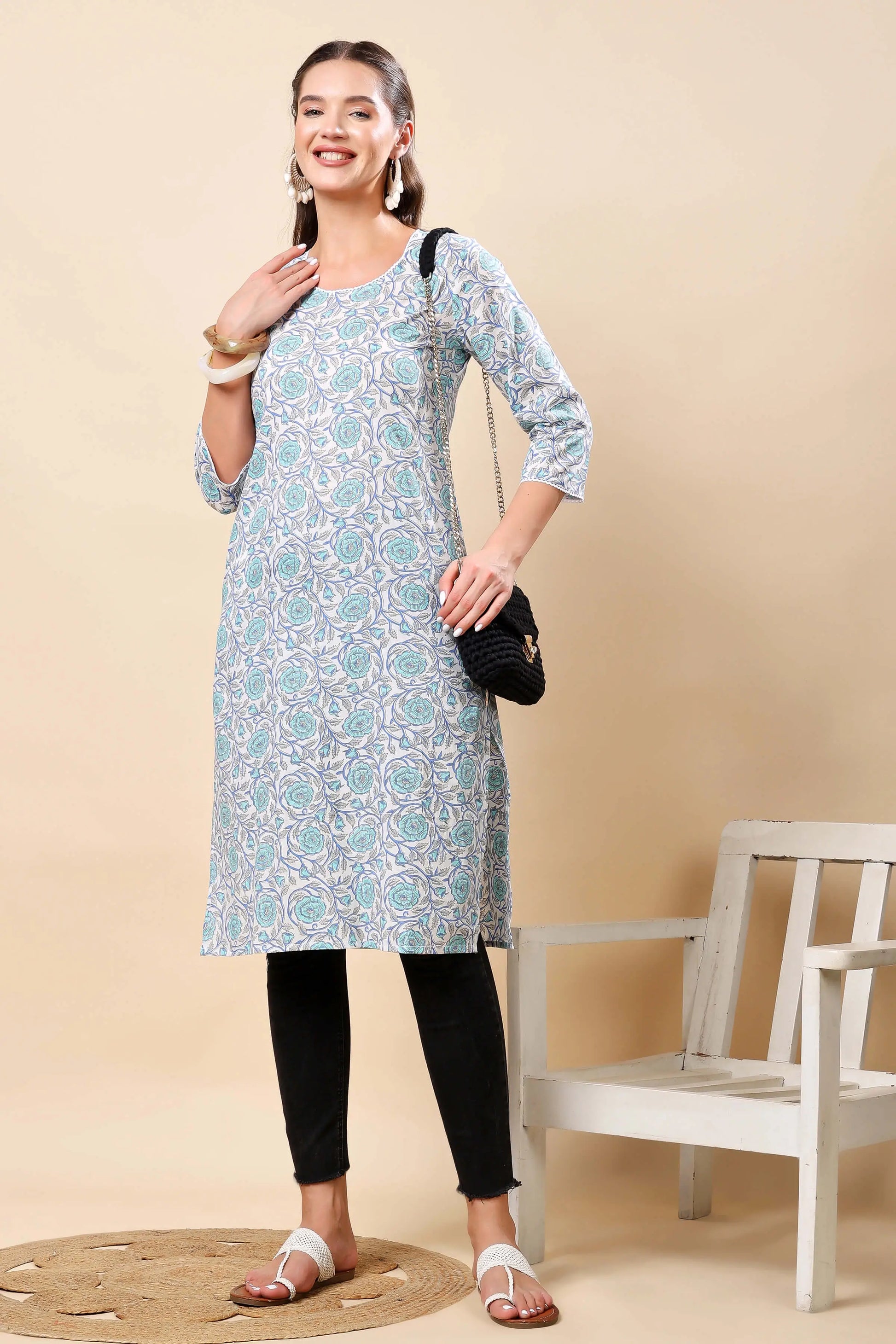 Flatlay Display – Rabric Floral Printed Long Cotton Kurti