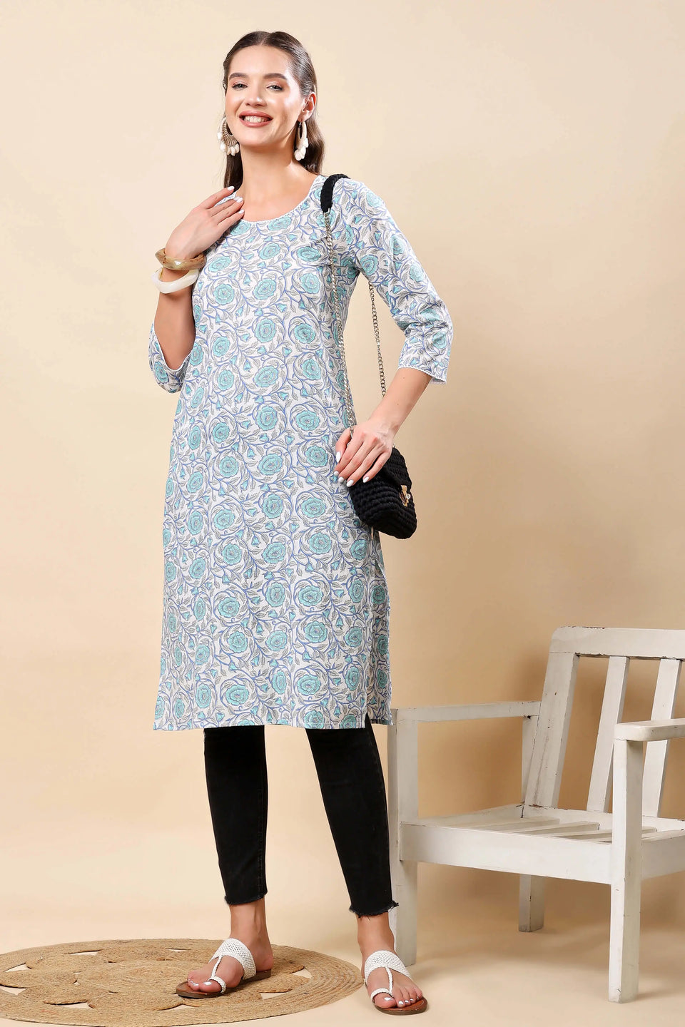 Flatlay Display – Rabric Floral Printed Long Cotton Kurti