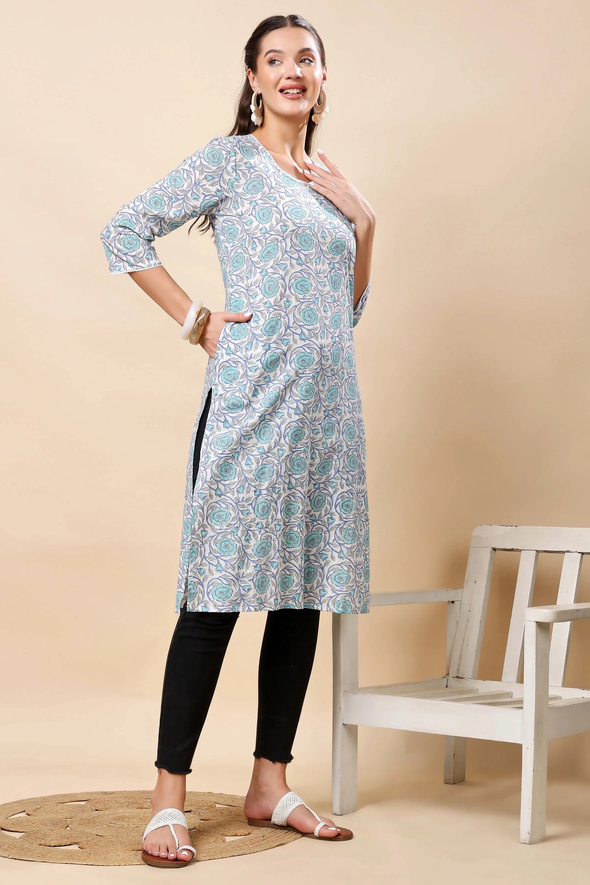 Side Slit Detailing on Rabric Blue Floral Long Kurti
