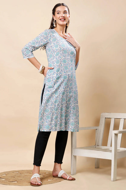 Side Slit Detailing on Rabric Blue Floral Long Kurti