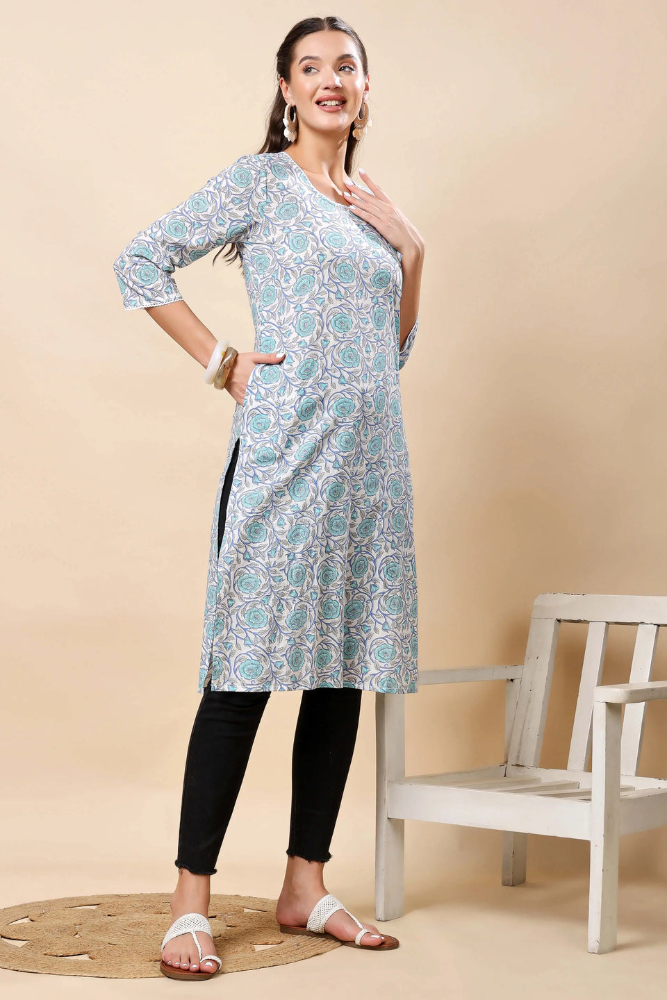 Side Slit Detailing on Rabric Blue Floral Long Kurti