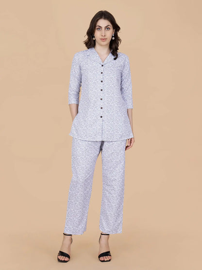 Woman wearing Rabric premium glace cotton printed white co-ord set front view