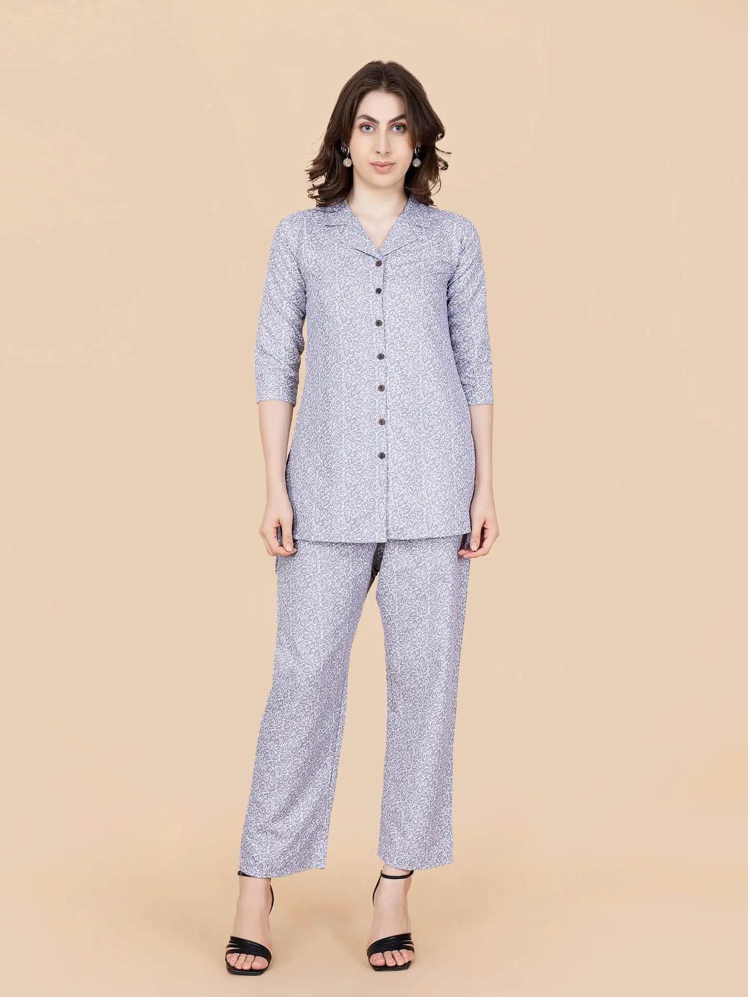 Woman wearing Rabric premium glace cotton printed grey co-ord set front view