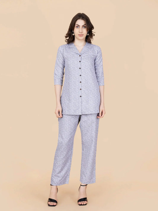 Woman wearing Rabric premium glace cotton printed grey co-ord set front view
